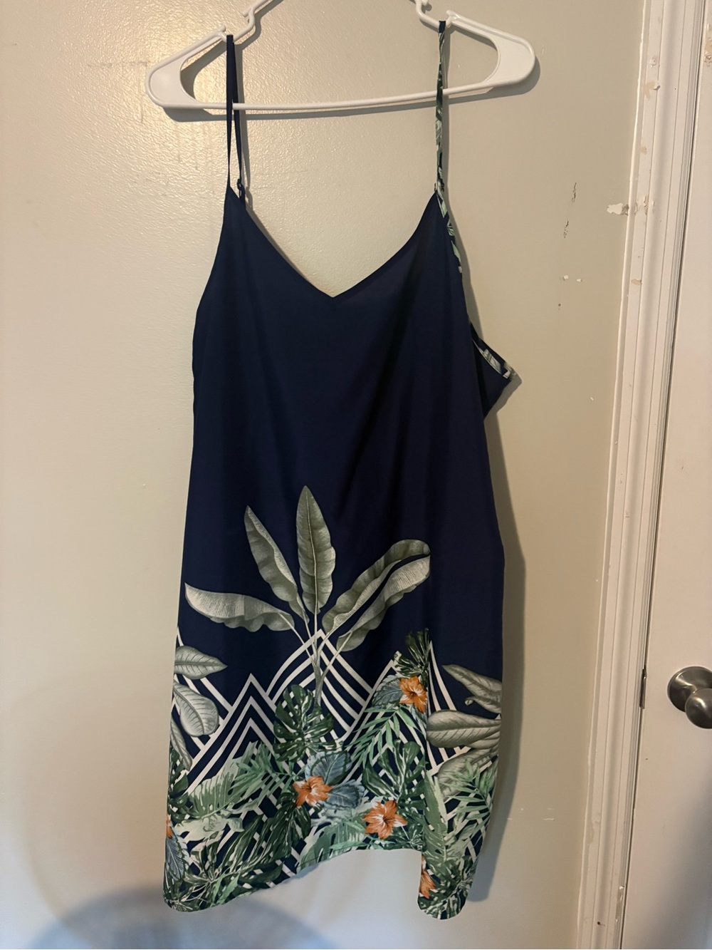 SHEIN Navy Midi Slip Dress with Green Tropical Leaf & Orange Floral Print